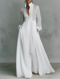 Elisa | Vestido maxi minimalista de algodón y lino con patchwork, cuello alto y mangas largas