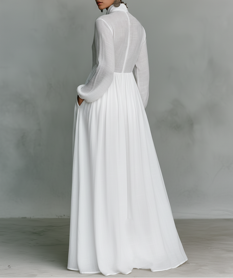 Elisa | Vestido maxi minimalista de algodón y lino con patchwork, cuello alto y mangas largas