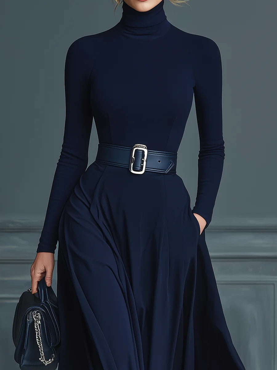 Francesca – Vestido de Punto Azul Oscuro con Cuello Alto
