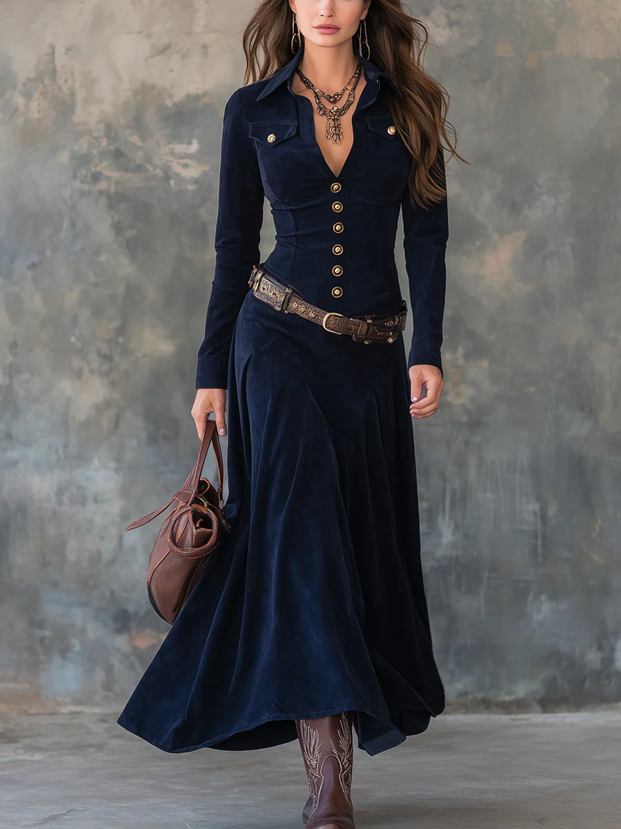 Martina – Vestido Largo Vintage con Bolsillos