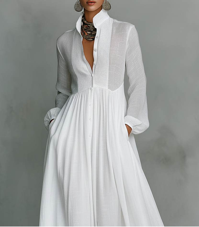 Elisa | Vestido maxi minimalista de algodón y lino con patchwork, cuello alto y mangas largas